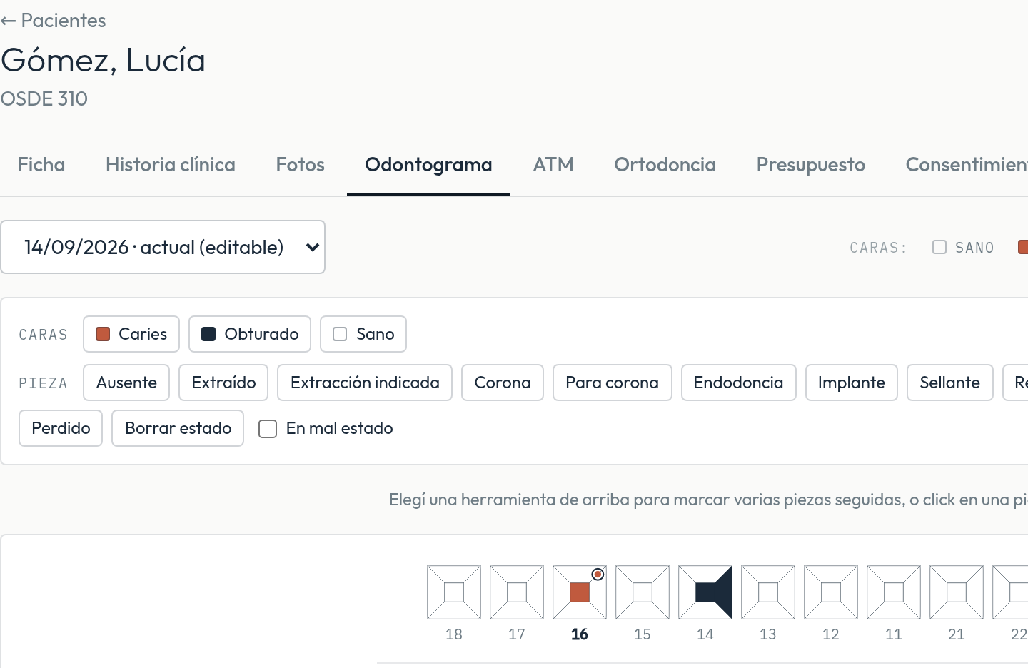 Ficha de paciente con odontograma en Praxia